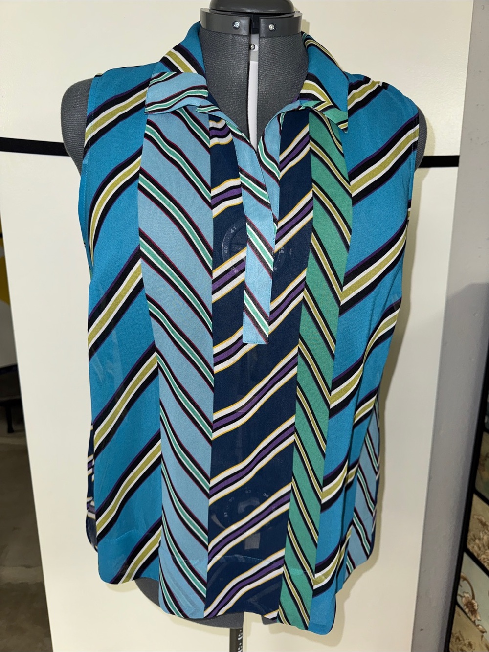 Cabi Striped Sleeveless Blouse in Teal, Navy & Purple